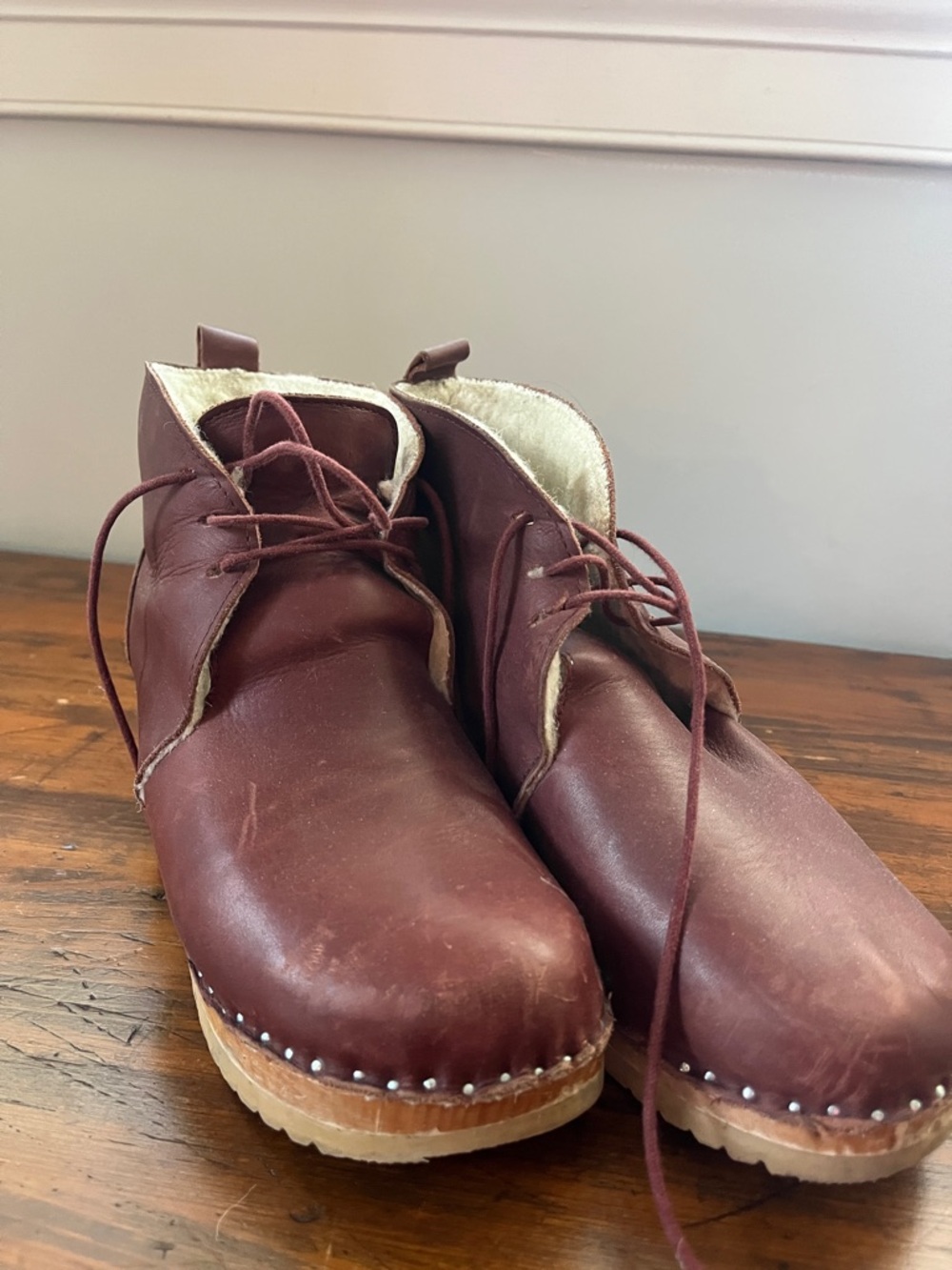Troentorp red, shearling-lined leather clog boots. Size 38 (fits 7.5 to 8)